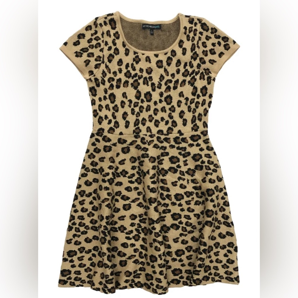 NWOT - My Michelle Girls Tan & Brown Leopard Animal Print Knit Dress - Size L